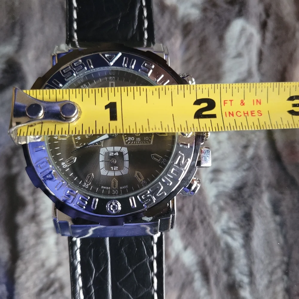 Gunmetal SS Black Leather Band NEW Quartz Watch Round Face